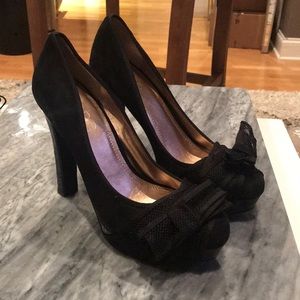 BCBG black suede pumps with mesh bows